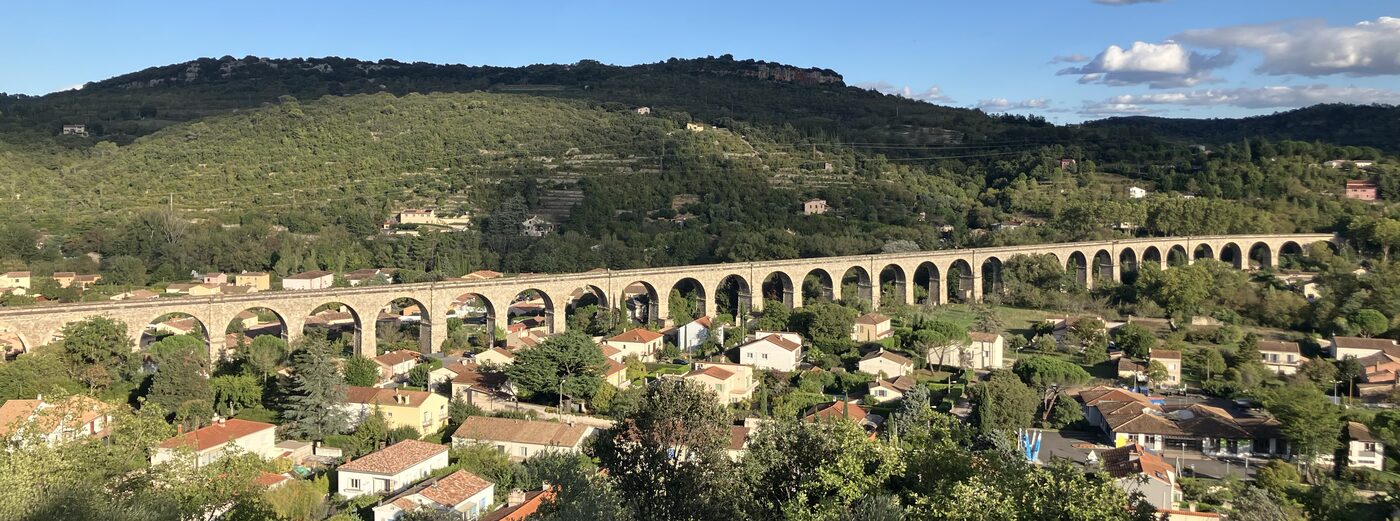 Bédarieux vue depuis les hauteurs : le viaduc ferroviaire traverse toute la vallée, le village s'étend en contrebas, les collines boisées du Haut-Languedoc ferment l'horizon.